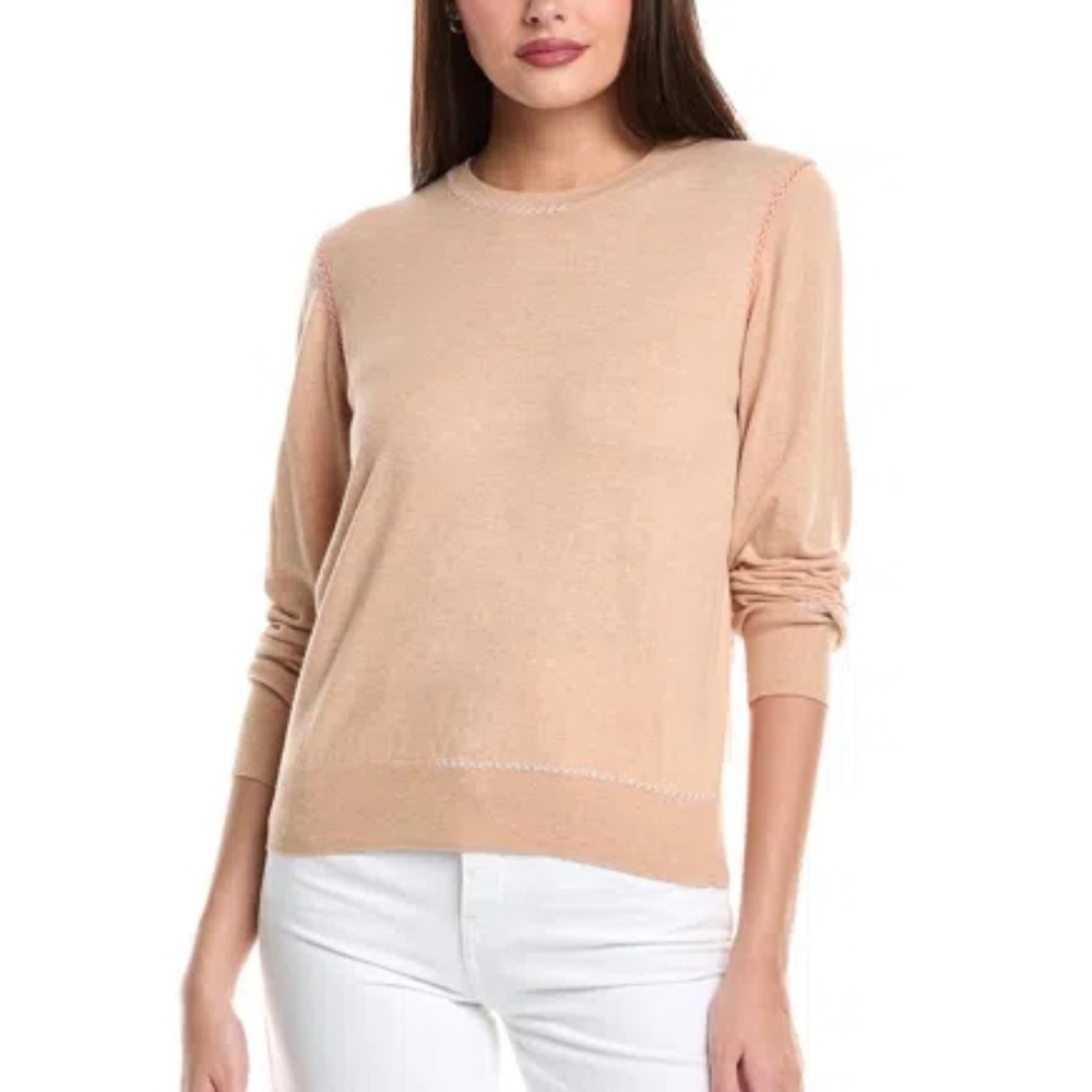 WISPR Winnie Silk Blend Crew Soft Camel Women Sweater Large Decorative Stitching